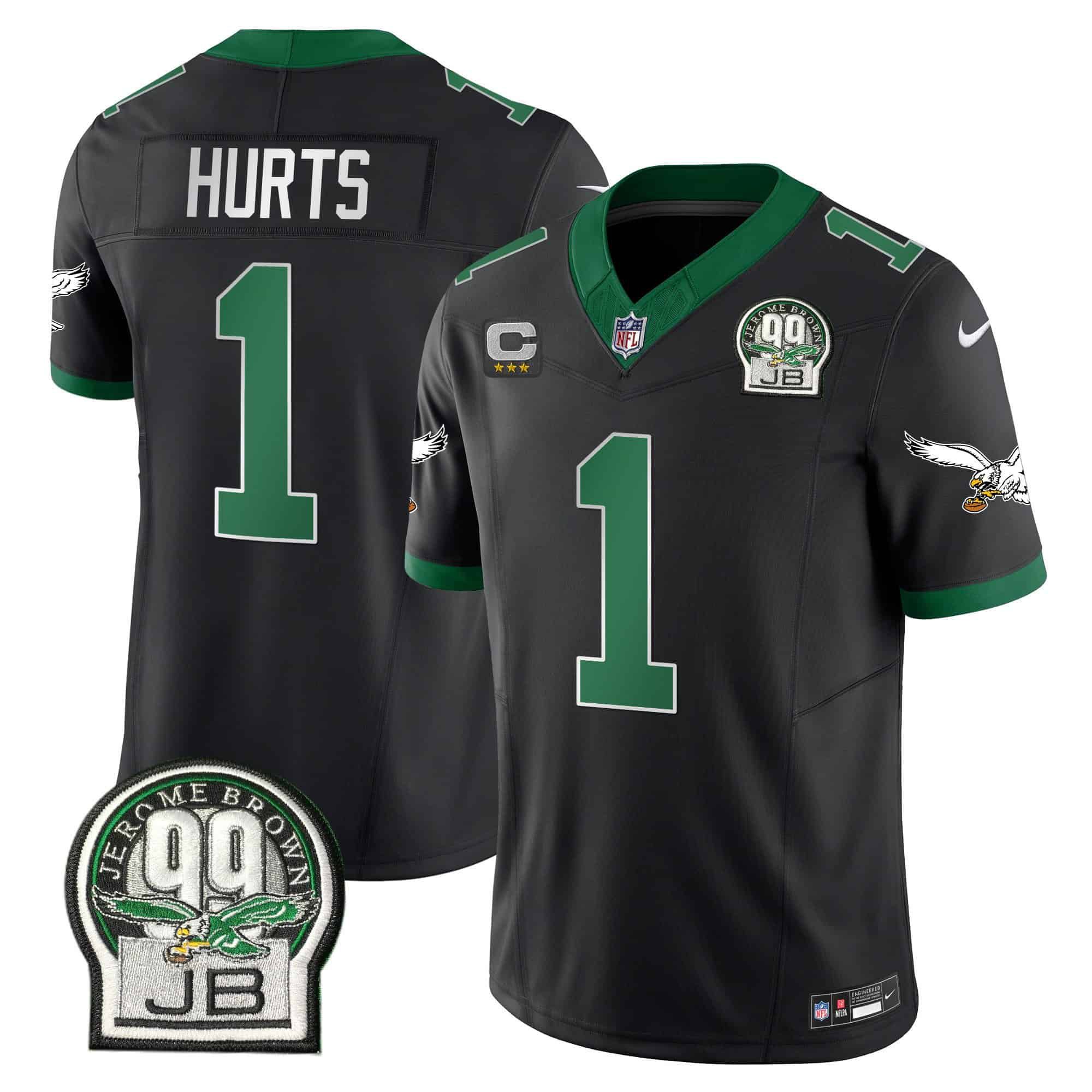 Men Philadelphia Eagles #1 Hurts Black 2024 Nike Jerome Brown Patch Alternate Limited NFL Jersey style 1